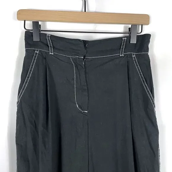 Jonathan Simkhai Tavar Linen Pants Black‎ Contrast Stitch High Rise Wide Leg XL